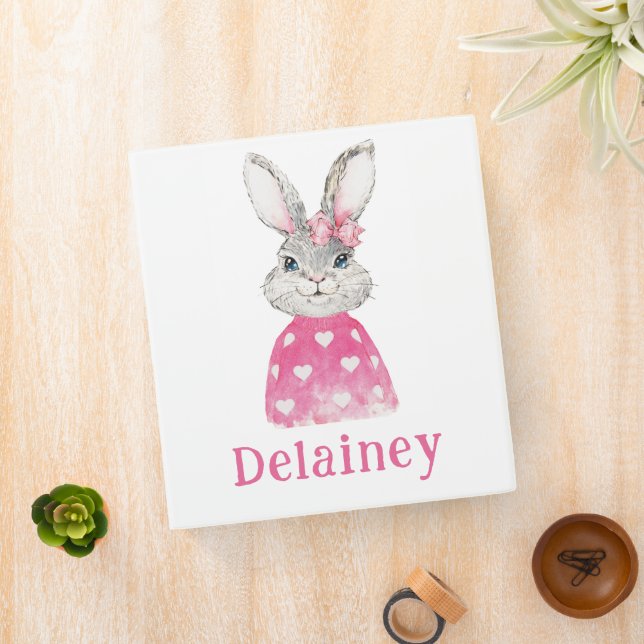 Preppy Pink Heart Bow Bunny Personalized 3 Ring Binder (In Situ)