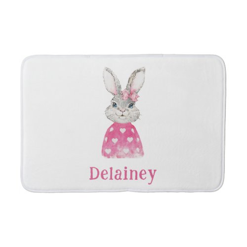 Preppy Pink Heart Bow Bunny Personalized Bath Mat