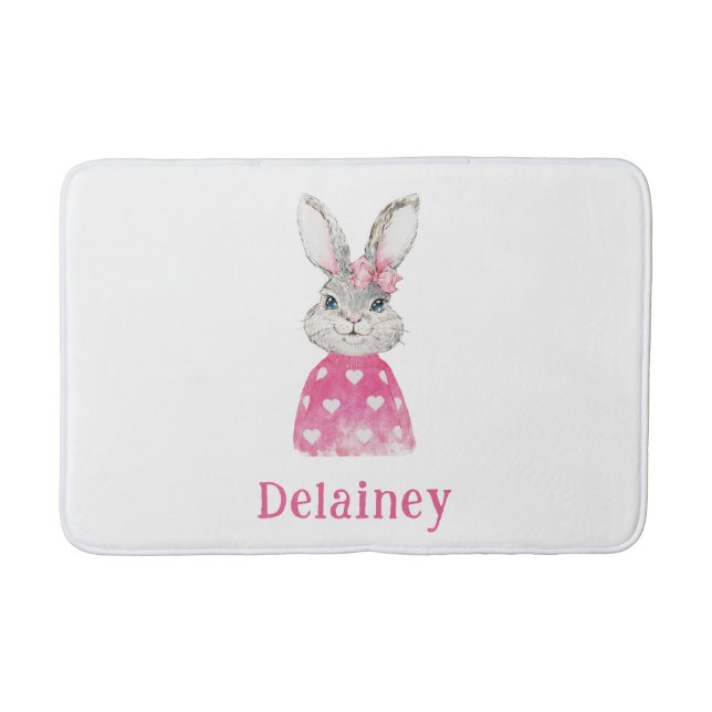 Preppy Pink Heart Bow Bunny Personalized Bath Mat (Front)