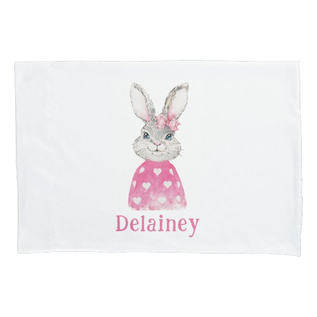Preppy Pink Heart Bow Bunny Personalized Pillow Case (Front)