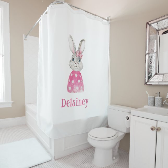 Preppy Pink Heart Bow Bunny Personalized Shower Curtain (In Situ)
