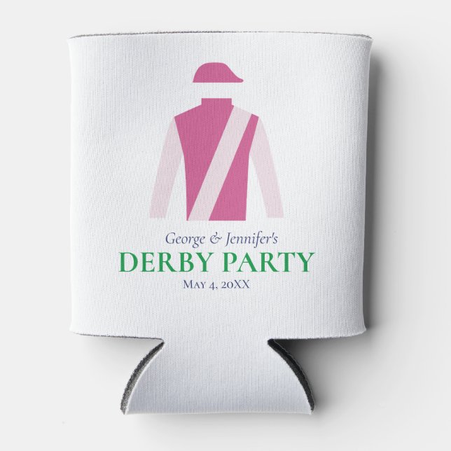 Preppy Pink Jockey Silks Derby Party Personalize Can Cooler (Front)