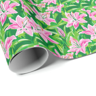 Preppy Pink Lily Floral Botanical Wrapping Paper