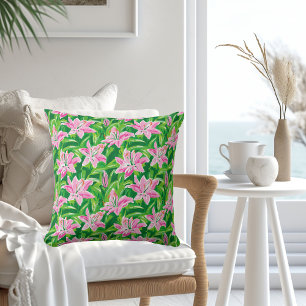 Preppy Pink Lily Floral Greenery Chic Garden Decor Throw Pillow