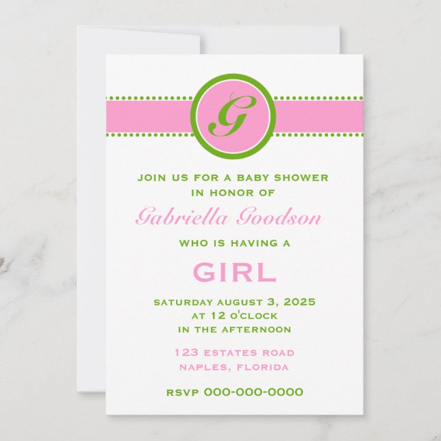 Preppy Pink & Lime Green Monogram Striped 2 Baby Invitation (Front)