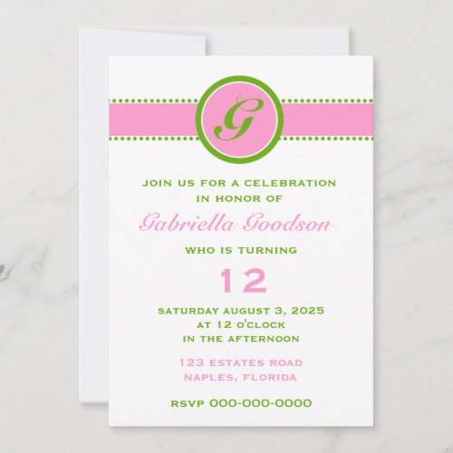 Preppy Pink  Lime Green Monogram Striped Surprise Invitation