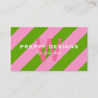Preppy Pink & Lime Green Striped Monogram Business Card