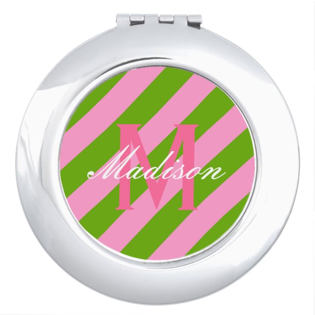 Preppy Pink & Lime Green Striped Vanity Mirror (Front)