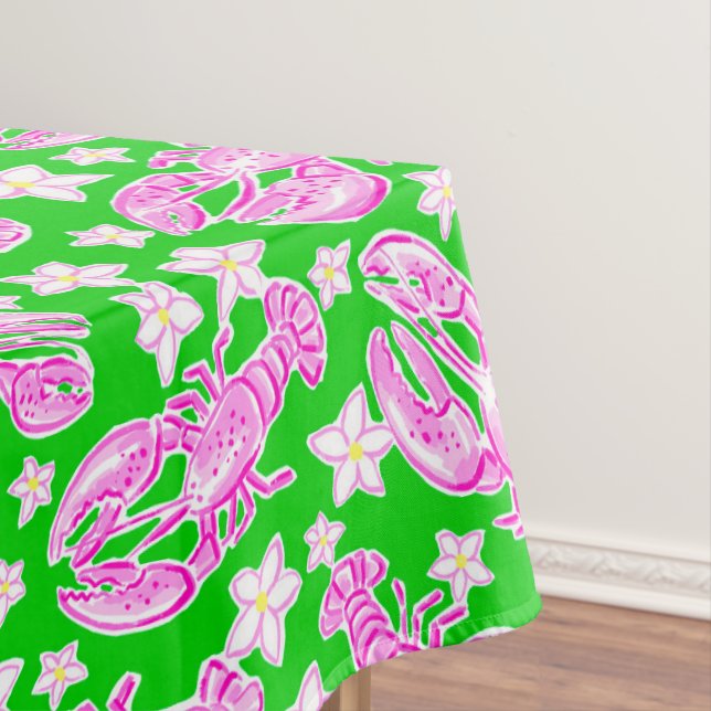 Preppy Pink Lobster & Floral Green Coastal Chic Tablecloth (In Situ)