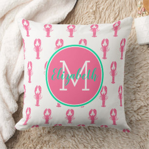 Preppy Pink Lobsters on White Monogram Throw Pillow