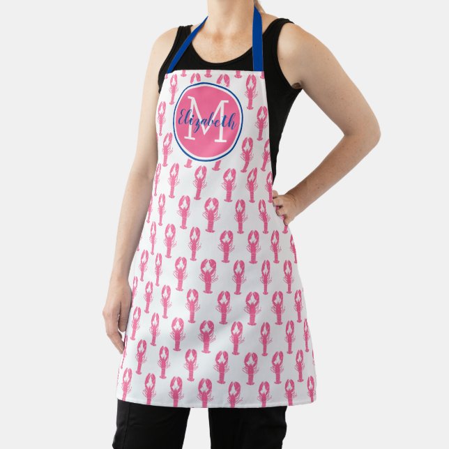 Preppy Pink Lobsters on White With Navy Monogram Apron (Insitu)
