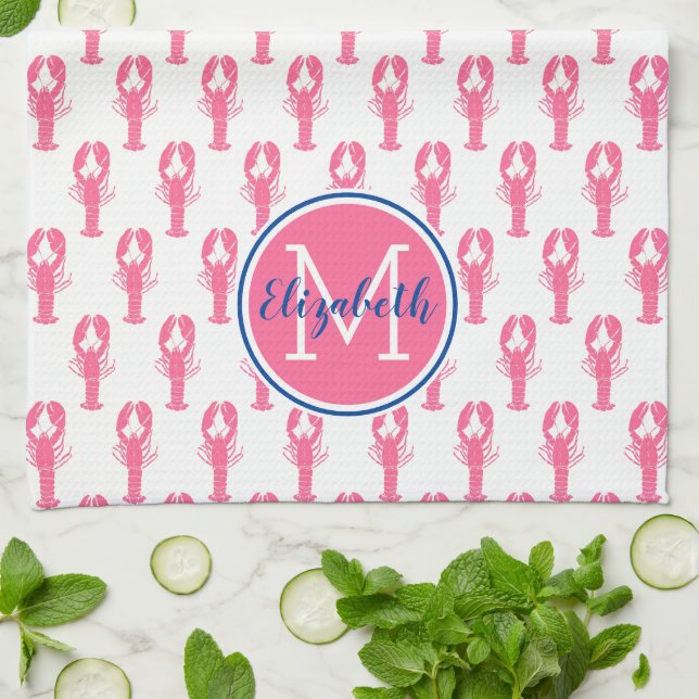 Preppy Pink Lobsters on White With Navy Monogram Kitchen Towel (Folded)
