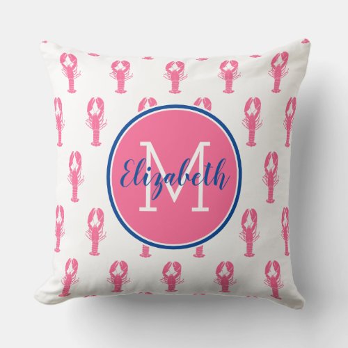 Preppy Pink Lobsters on White With Navy Monogram Throw Pillow