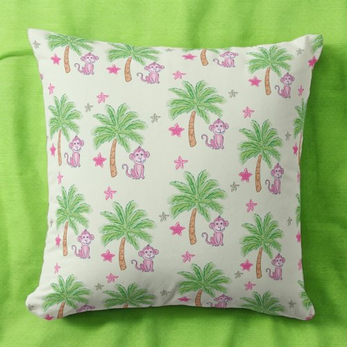 Preppy Pink Monkey Tropical Flower Throw Pillow