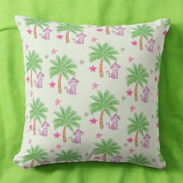 Preppy Pink Monkey Tropical Flower Throw Pillow (Creator Uploaded)
