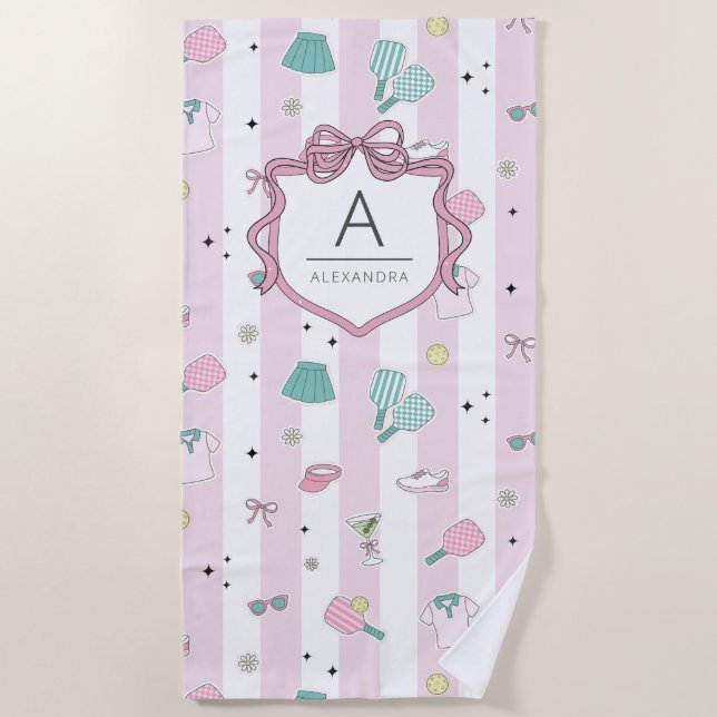 Preppy Pink Monogram Pickleball Gift for Her Beach Towel (Front)