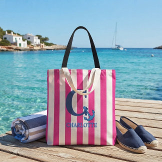 Preppy Pink Nautical Striped Monogram Anchor Tote Bag