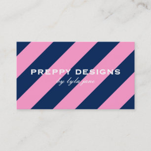 Preppy Pink & Navy Blue Striped Business Card