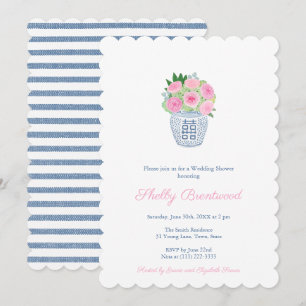Preppy Pink Navy Roses Chinoiserie Wedding Shower Invitation