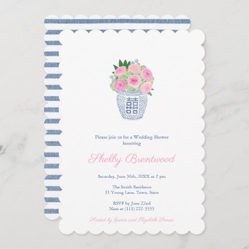 Preppy Pink Navy Roses Chinoiserie Wedding Shower Invitation