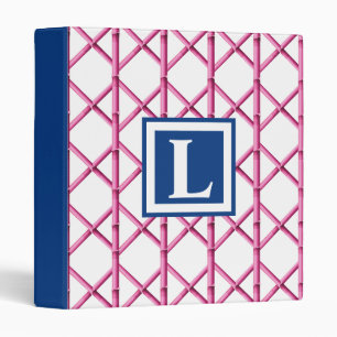 Preppy Pink Navy Trellis Bamboo Pattern Monogram 3 Ring Binder