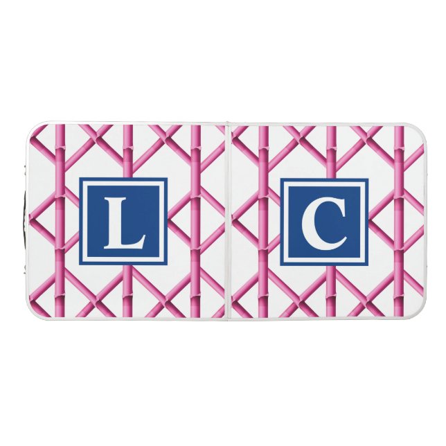 Preppy Pink Navy Trellis Bamboo Pattern Monogram Beer Pong Table (Top)