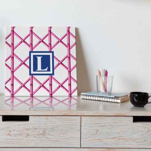 Preppy Pink Navy Trellis Bamboo Pattern Monogram Faux Canvas Print