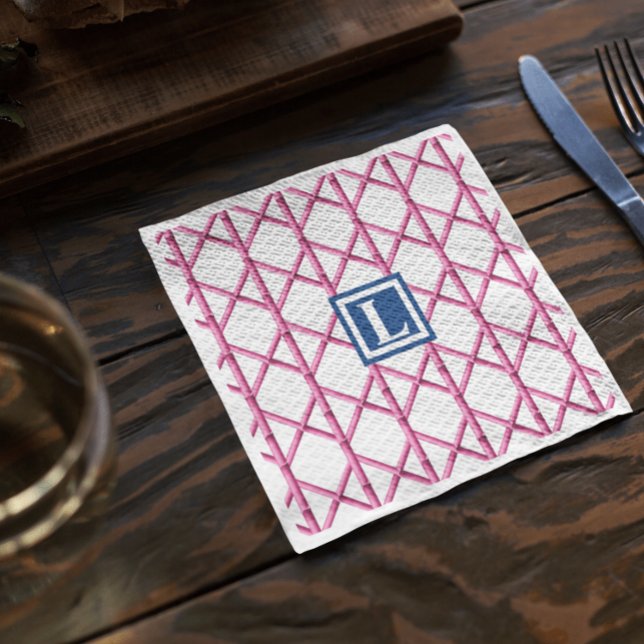 Preppy Pink Navy Trellis Bamboo Pattern Monogram Napkins (Creator Uploaded)
