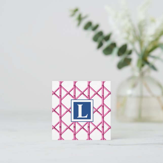 Preppy Pink Navy Trellis Bamboo Pattern Monogram Note Card (Standing Front)