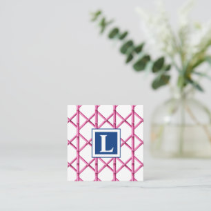 Preppy Pink Navy Trellis Bamboo Pattern Monogram Note Card
