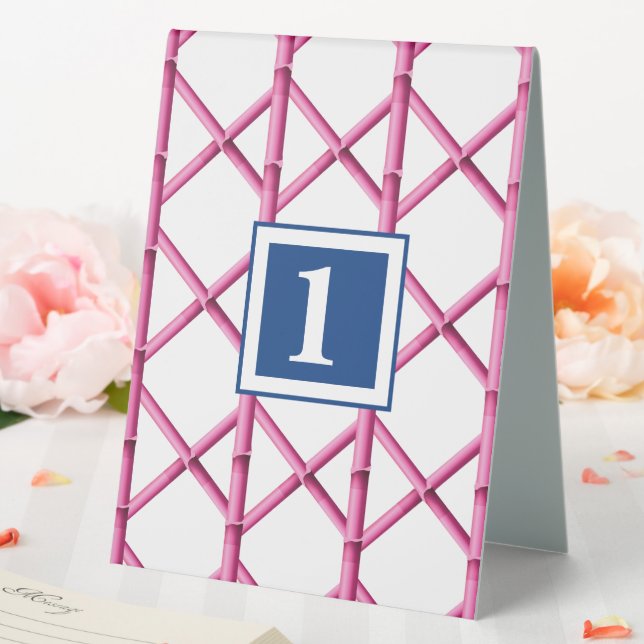 Preppy Pink Navy Trellis Bamboo Pattern Monogram Table Tent (In SItu (Wedding))