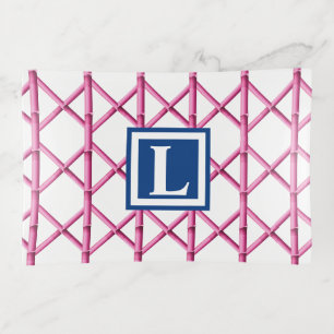 Preppy Pink Navy Trellis Bamboo Pattern Monogram Trinket Tray