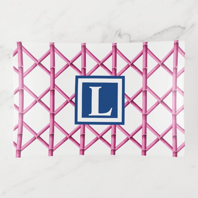 Preppy Pink Navy Trellis Bamboo Pattern Monogram Trinket Tray (Front)
