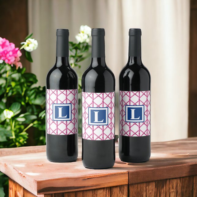 Preppy Pink Navy Trellis Bamboo Pattern Monogram Wine Label (Creator Uploaded)