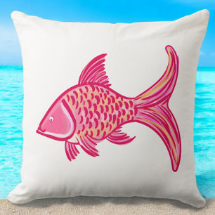 Preppy Pink & Orange Fish Coastal Throw Pillow