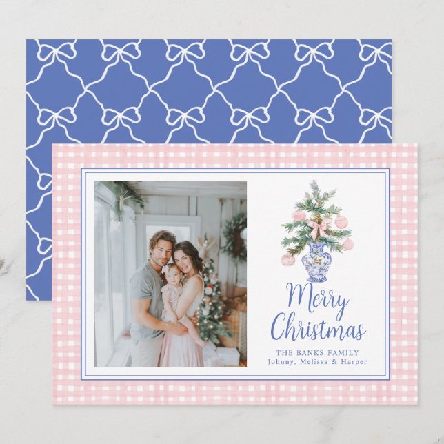 Preppy Pink Ornaments Watercolor Christmas Tree Holiday Card (Front/Back)