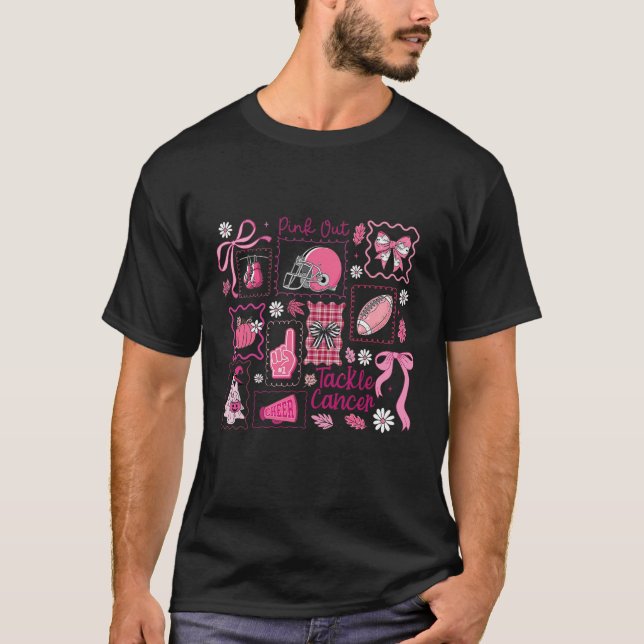Preppy Pink Out Tackle Breast Cancer Footll Bow Ha T-Shirt (Front)