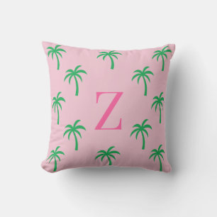 Preppy Pink Palm Tree Monogram Pillow