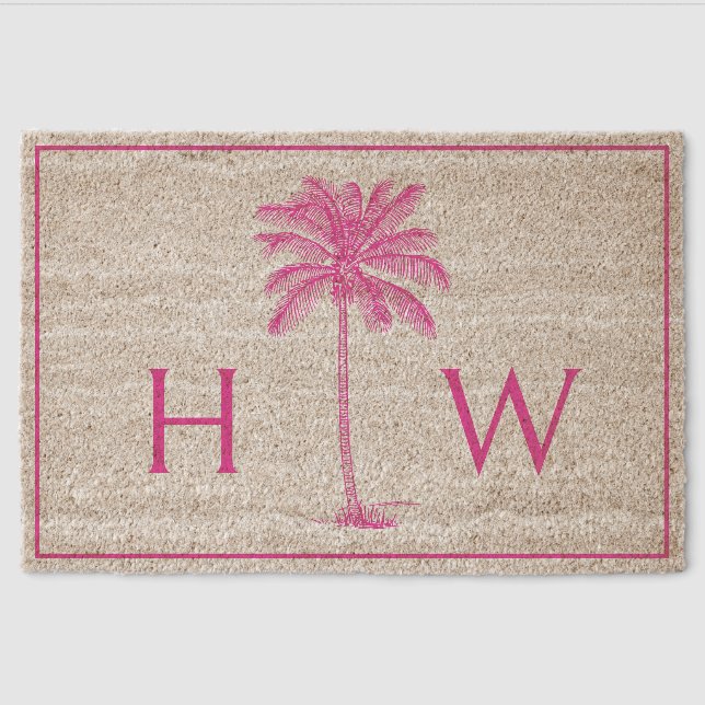Preppy Pink Palmetto Palm Tree Monogram Fiber Doormat (Front)