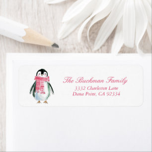 Preppy Pink Penguin Elegant Christmas Address Label
