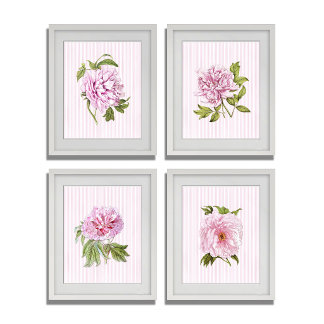 Preppy Pink Peony Floral with Stripes Wall Art Sets