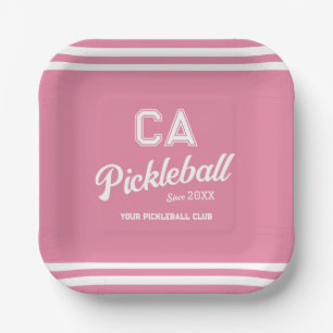 Preppy Pink Pickleball Club Custom Crest Party Paper Plates