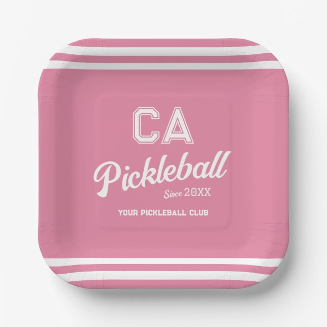 Preppy Pink Pickleball Club Custom Crest Party Paper Plates (Front)