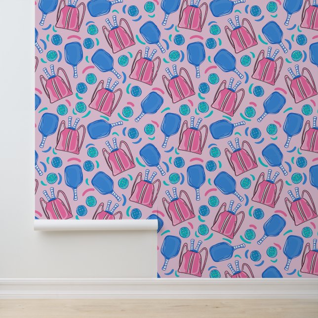 Preppy Pink Pickleball Paddle & Ball Pattern Wallpaper (Application)