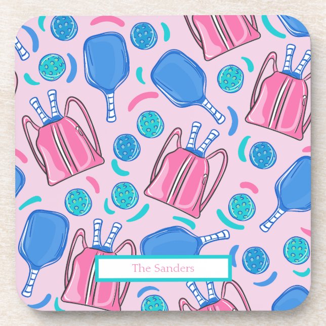 Preppy Pink Pickleball Pattern Custom Beverage Coaster (Front)