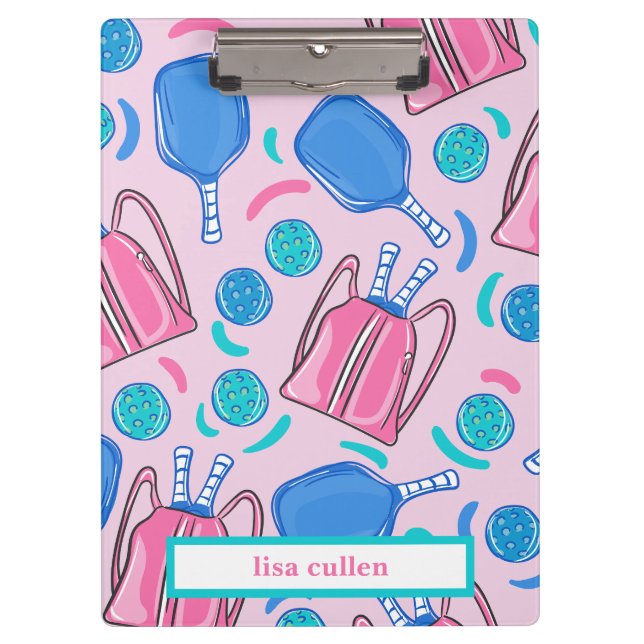 Preppy Pink Pickleball Pattern Personalized  Clipboard (Front)