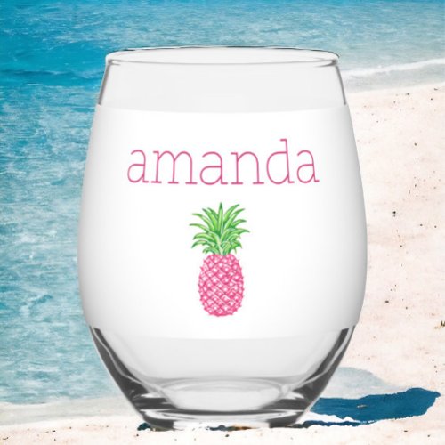 Preppy Pink Pineaaple Personalized  Stemless Wine Glass