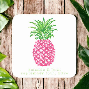 Preppy Pink Pineapple Custom Couple  Square Paper Coaster