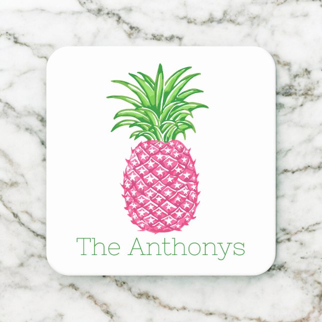 Preppy Pink Pineapple Personalized  Square Paper Coaster (Creator Uploaded)