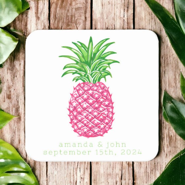 Preppy Pink Pineapple Stars Personalized Wedding  Square Paper Coaster (Creator Uploaded)